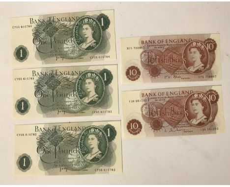 TWO PORTRAIT ISSUE TEN SHILLING NOTES AND THREE ONE POUND NOTES. Two red-brown portrait issue ten shilling notes 12N 551222 s