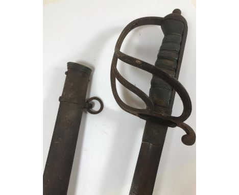 A CAVALRY OFFICERS SWORD AND SCABBARD. The sword with 3 bar handle, stepped pomel and rounded nut, the 84.5cm blade with slig