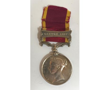 A SECOND CHINA WAR MEDAL 1857-60. A second China War Medal with Canton 1857 clasp, unnamed as issued to Royal Navy and Royal 