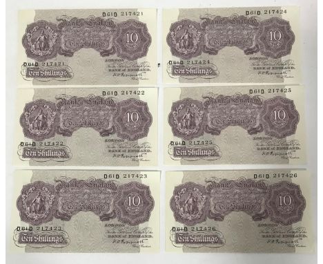 SIX CONSECUTIVE MAUVE TEN SHILLING NOTES. Six Mauve ten Shilling notes with consecutive numbers D61D 217421 to D61D 217426 si