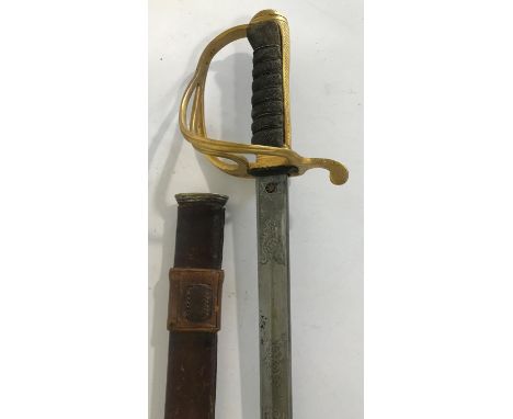 A GEORGE V CAVALRY STYLE INFANTRY SWORD WITH GILT HANDLE. A George V 1822 Pattern sword with a 86.5cm blade with partial full