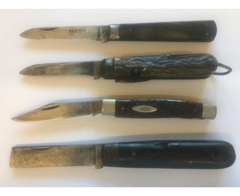 AN EARLY GOVERNMENT ISSUE KNIFE AND THREE OTHERS. An unusual wooden handled knife with flat ended 9cm blade J. Clarke &amp; S
