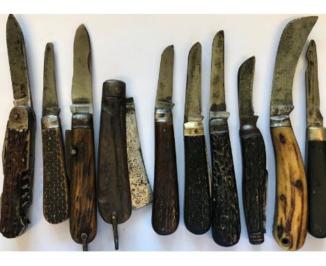 A COLLECTION OF BONE HANDLED AND SIMILAR FOLDING KNIVES. A two bladed bone handled knife with an 8cm blade marked 'G. Johnson