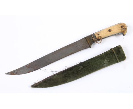 AN EASTERN DAGGER AND SCABBARD. An Eastern dagger with a 26cm bowie type blade with double edged point and bone mounted handl