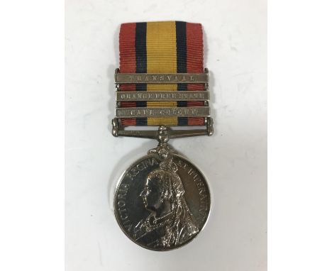 A THREE CLASP QUEEN'S SOUTH AFRICA MEDAL. A Queen's South Africa Medal with Cape-Colony, Orange Free State and Transvaal clas