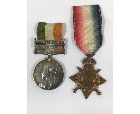 A KING'S SOUTH AFRICA MEDAL AND A 1914-15 STAR. A King's South Africa Medal with South Africa 1901 and 1902 clasps, named to 