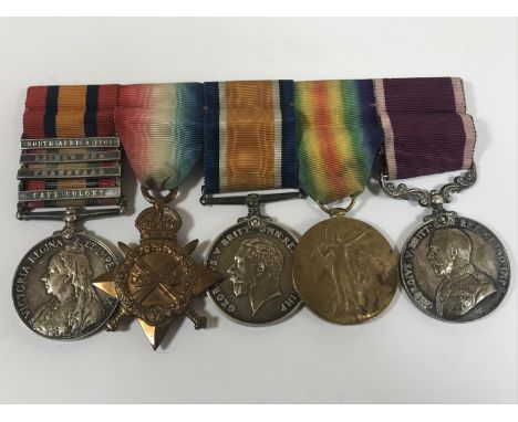 A BOER WAR/GREAT WAR CASUALTY GROUP OF FIVE. Comprising a Queen's South Africa Medal witrh Cape Colony, Transvaal, Laing's Ne