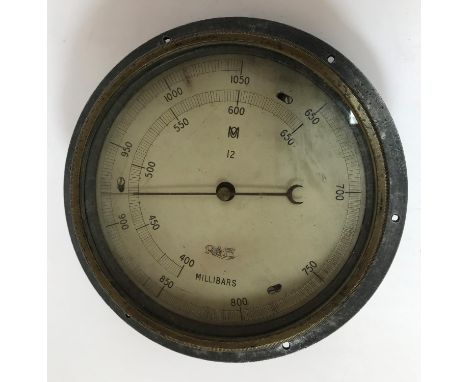 A SUBMARINE PRESSURE GAUGE AND U.S. LOAD ADJUSTER. A circular pressure gauge dial calibrated in Millibars, markrs MO, 12, R.A