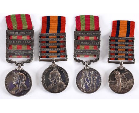 A THREE CLASP INDIA AND FIVE CLASP QUEEN'S SOUTH AFRICA PAIR. An India Medal 1895-1902 with veiled portrait of Queen Victoria