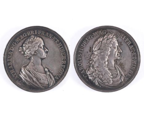 A SILVER MEDAL COMMEMORATING THE MARRIAGE OF CHARLES II. Obv. Charles II Laureate Bust, R. within "Carolus II Dei G Mag Bri F