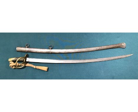 A CONTINENTAL PATTERN CAVALRY SWORD. A three bar brass troopers sword with fullered single-edged curved 89cm blade. Marked Al