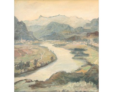 ALFONS SCHNEGG ( Mühlau 1895 - 1932 Innsbruck )Inntal mit Blick auf Innsbruck Öl/Leinwand 57,5 x 52,5 cm signiert Alphons Sch