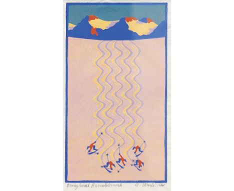 PETER WALDNER* ( geboren 1948 in Innsbruck )Schifahrer Parallelschwung Linolschnitt/Papier 23 x 13 cm signiert P. Waldner bes