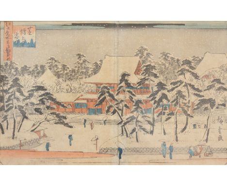 HIROSHIGE I UTAGAWA ( Japan 1797–1858 Japan )Schnee im Zôjô-ji Tempel in Shiba (Shiba Zôjô-ji setchû)「江戸名所三つの眺め　芝増上寺雪中」Holzsc
