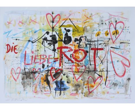 HANS STAUDACHER* ( St. Urban 1923 - 2021 Wien )Die rote Liebe Lithografie/Papier 46 x 64 cm signiert H. Staudacher nummeriert