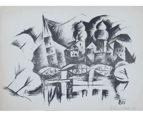 FRANZ BRONSTERT* ( Dorsten 1895 - 1967 Freudenberg )Stadt am Fluss, 1922Lithografie/Papier 24,5 x 33,2 cmsigniert Fr. Bronste