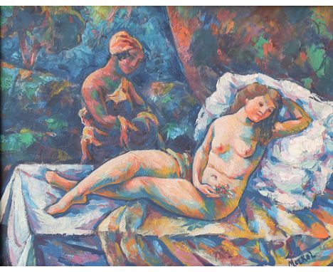 GEORG MERKEL* ( Lemberg 1881 - 1976 Wien )Olympia und ihre DienerinÖl/Hartfaserplatte 21 x 25,5 cmsigniert MerkelSCHÄTZPREIS 