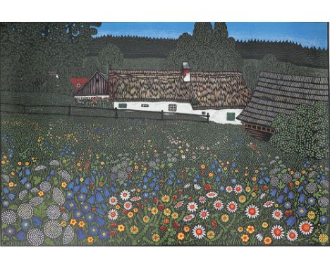 CARL KRENEK ( Wien 1880 - 1948 Wien )Bauernhof im WaldviertelFabrlithografie/Papier 64,5 x 92,3 cmsigniert im Druck C. Krenek