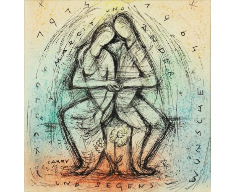 CARRY HAUSER* ( Wien 1895 - 1985 Rekawinkel )Glückwünsche goldene Hochzeit, 1964Mischtechnik/Papier 16,7 x 17,2 cmsigniert Ca