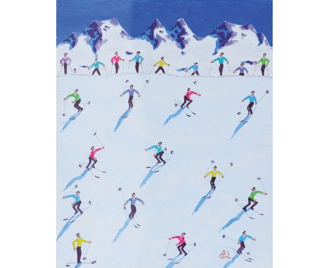 PETER WALDNER* ( geboren 1948 in Innsbruck )Schifahrer am Hang Mischtechnik/Karton 28 x 23 cmmonogrammiert PW, verso Künstler