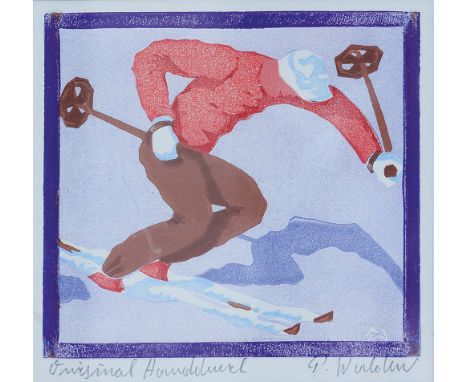 PETER WALDNER* ( geboren 1948 in Innsbruck )Skifahrer beim AbschwungLinolschnitt/Papier 15 x 15,5 cm signiert P. Waldner, mon
