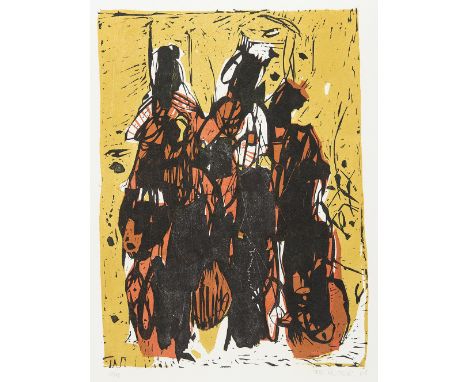 FRANZ REITER* ( Wien 1899 - 1978 Wien )Drei Figuren, 1968Farbholzschnitt/Papier 37,5 x 28,5 cmsigniert FR. Reiter, datiert 68