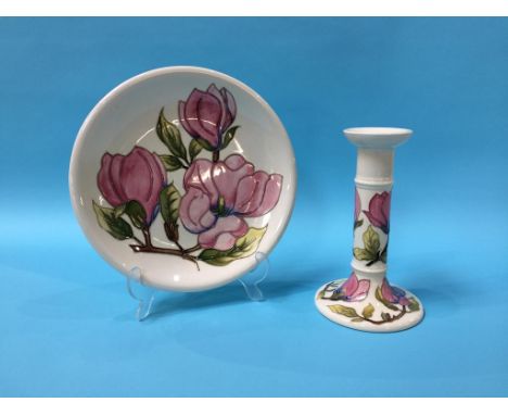 A modern Moorcroft dish and a candlestick