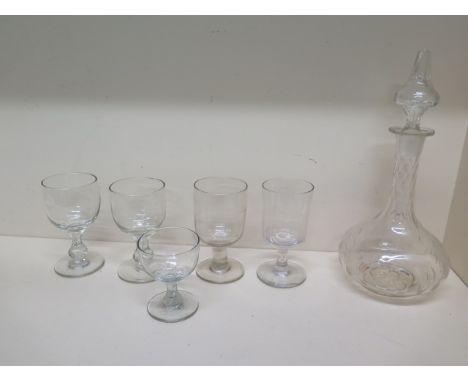 A pair of 19th century bell shaped wine glasses, a Victorian 1/2 pint rummer, two other 19th century glasses and a decanter -