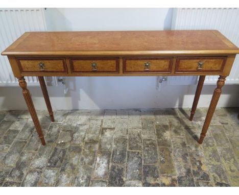 A new burr Birchwood four drawer hall table on turned reeded legs made by a local craftsman to a high standard - Height 77cm 