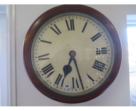 A large mahogany wall clock with an 18 inch painted dial and chain driven fusee movement - running, generally good