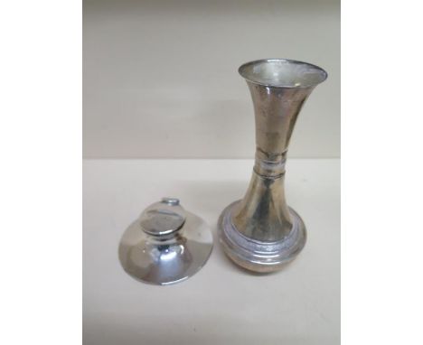 A silver Capstan inkwell - missing glass, dented, repaired - and a 925 silver vase - Height 21cm - approx weight 6 troy oz