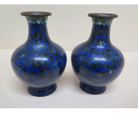 A pair of cloisonné enamel vases - Height 15cm - both generally good 