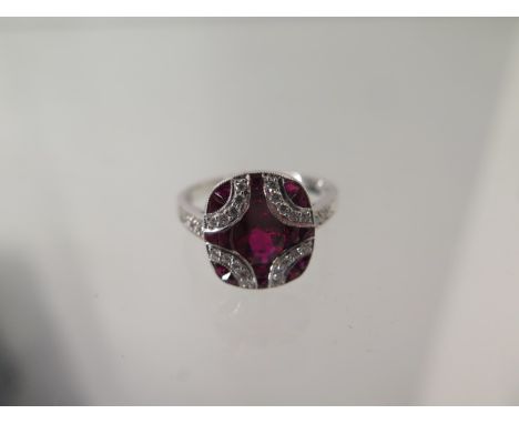 An 18ct white gold Art Deco style ruby and diamond ring, ring size approx M - head size 12mm x 11mm, rubies and diamonds brig