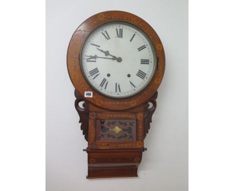 An inlaid walnut drop dial wall clock with a 12 inch dial - not currently running 