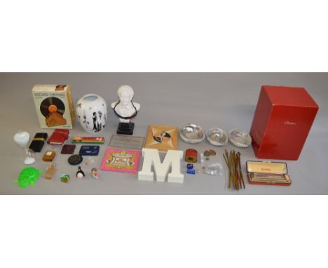 Mixed lot of collectables including mantle clock, Filofax, Perfume bottles including Chanel and Aluminuim Sound wave engravin