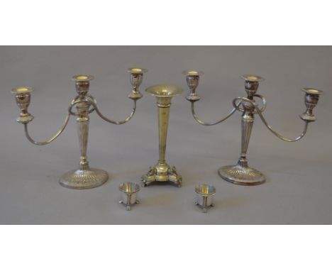 2 Silver plated candlabras together with two pseudo-hallmarked salts and an EPNS single trumpet epergne (5)