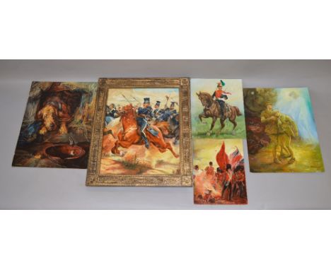 5 Oil on board mostly war related paintings by Westwood, R. D. 4 unframed, one framed. Various sizes.