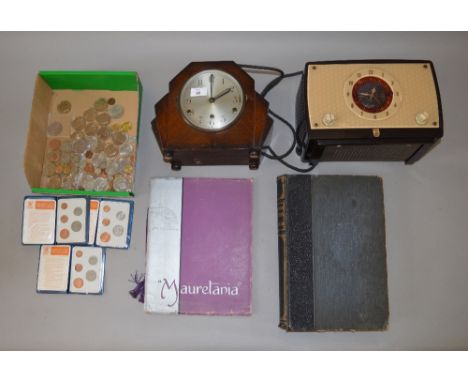 Good mixed lot of collectables including a Mantle clock, Bakelite radio, Harmsworth Atlas, Cunard Line brochure and a quantit