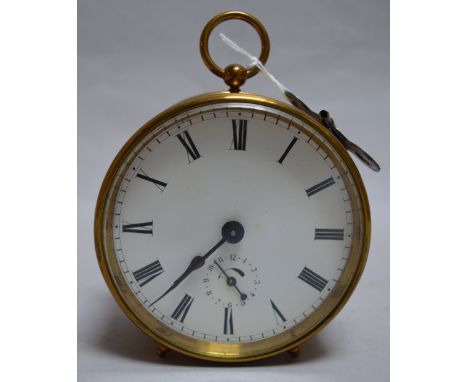 Brass cased, round enamel faced chiming alarm clock, with key. Diameter 9.5cm.