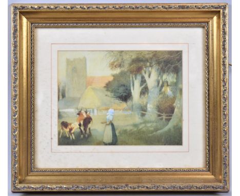 A Gilt Framed Print Depicting Milk Maid, Cow and Calf, "The Pet Calf" by Arthur Strachan, 21.5x16.5cm 