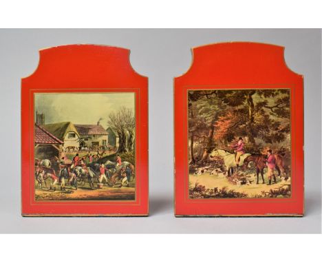 A Pair of Mid 20th Century Wooden Bookends with Sporting Print Decoration, Each 15.5cm high 