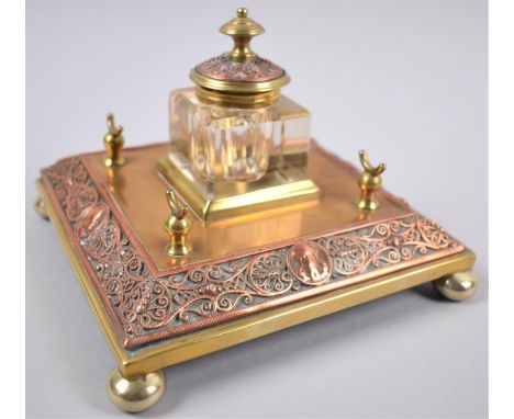 A Nice Quality French Copper and Brass Desktop Inkstand with Single Glass Inkwell Pair of Pen Rests, on Four Bun Feet, 16cm S