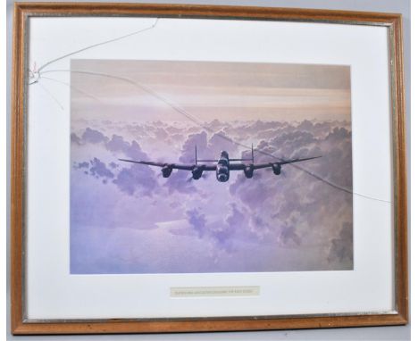 A Framed Print of a Lancaster Bomber, Glass Cracked 