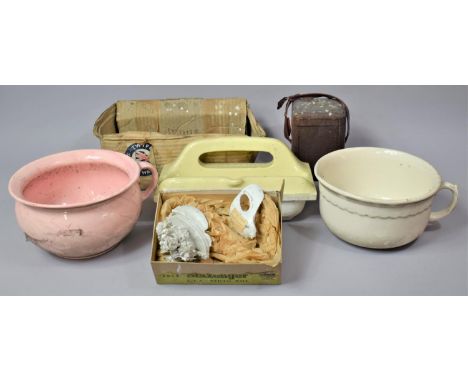 A 19th Century Leather Case for a Carriage Clock, Pink Chamber Pot, Vintage Soap Tray etc 