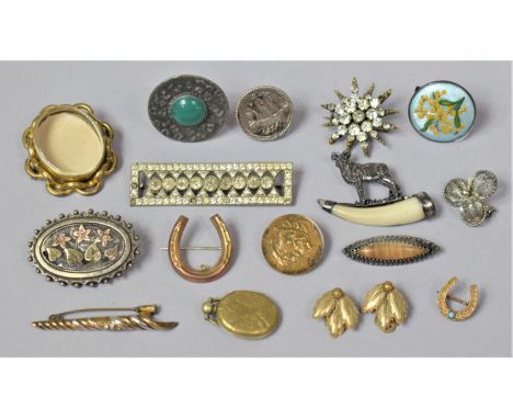 A Collection of 19th Century and Later Costume Jewellery to Include Pinchbeck Mourning Brooch, Two Yellow Metal Horse Shoe Br