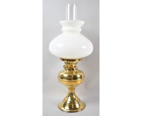 A 20th Century Brass Oil Lamp with Opaque Glass Shade and Clear Chimney, 48cm High Overall 
