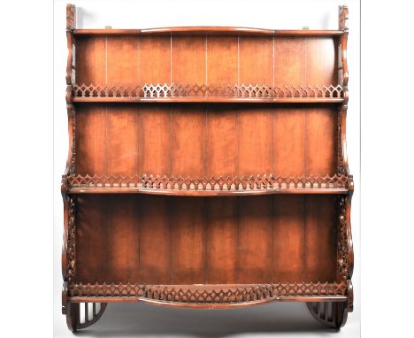 A Reproduction Hard Wood Wall hanging Shelf with Pierced Supports and Galleries to Serpentine Front, 102cm Wide 