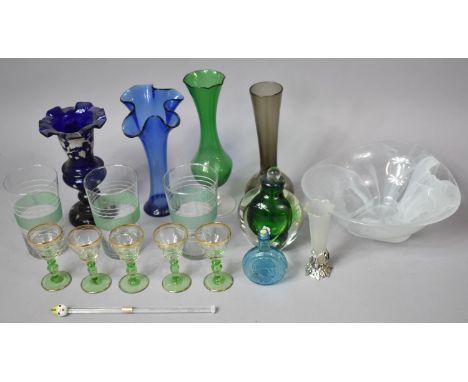 A Collection of Various Coloured Glassware to comprise Heavy Glass Scent Bottle, Murano Mixing Stick with End of the Day Clow