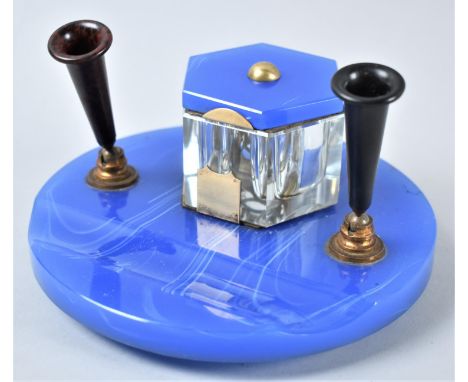 A Circular Art Deco Desk Top Inkwell with Two Pen Holders, Pen Rest and Hinged Two Division Inkwell, 16.5cm Diameter