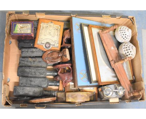 A Collection of Curios to Include Collectors Bottles, Playing Cards, Treen Ornaments, Alarm Clock etc 